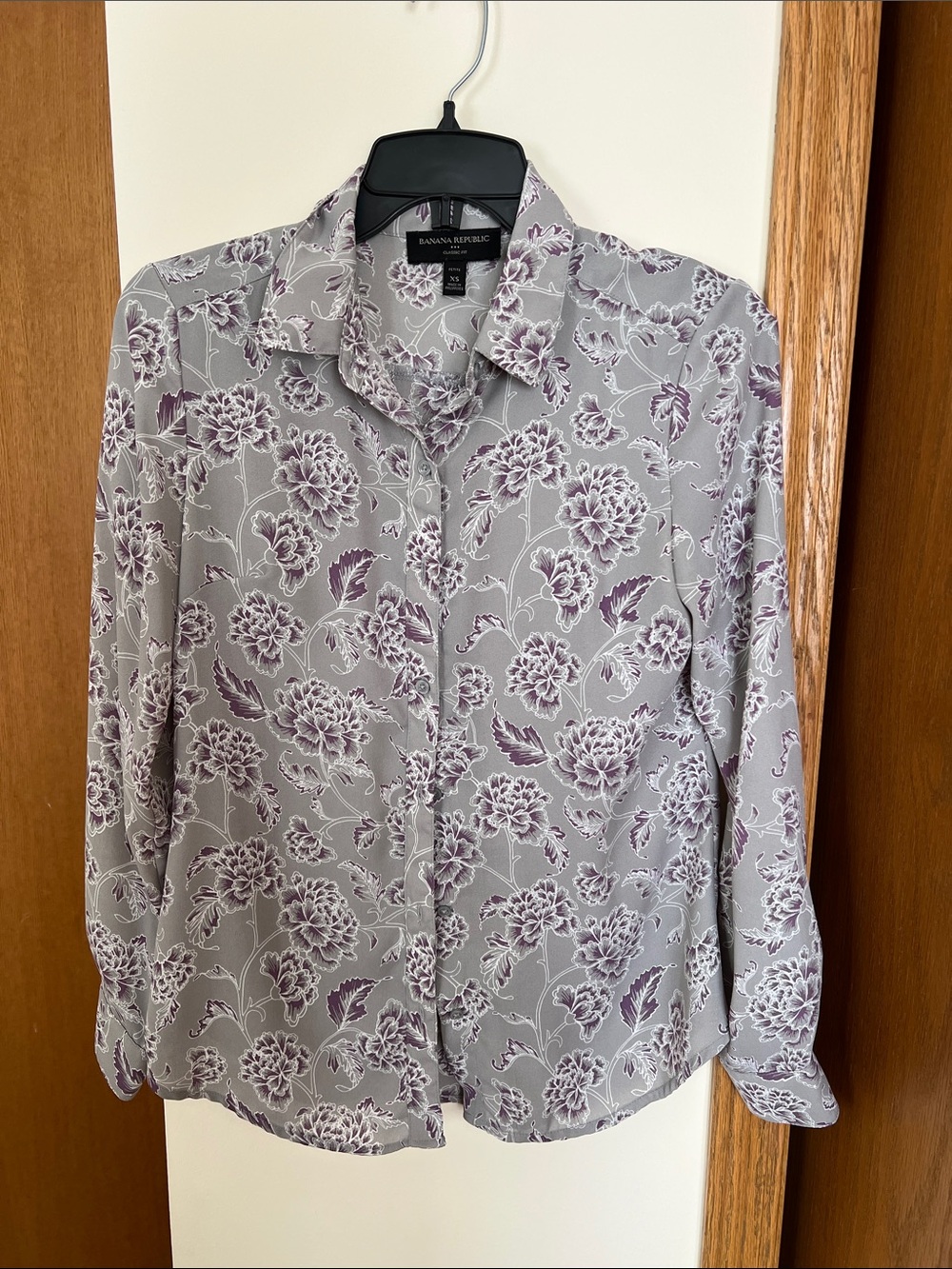 Banana Republic Gray Blouse with Mauve Floral Print